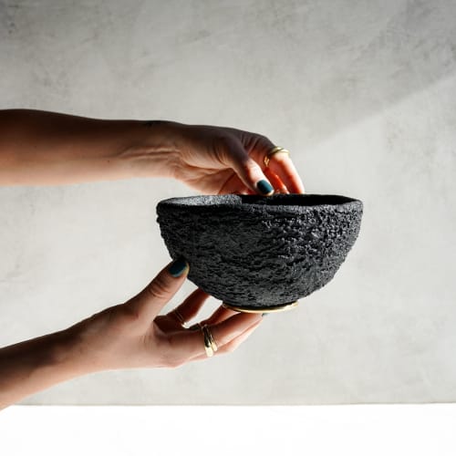 Large Treasure Bowl in Textured Black Concrete & Brass | Decorative Bowl in Decorative Objects by Carolyn Powers Designs