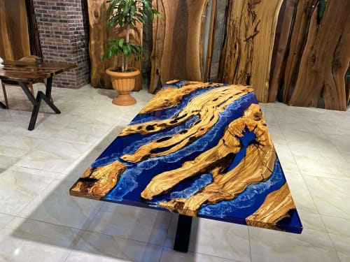Olive Wood Ocean Wave Design Epoxy Table / Made To Order | Tables by Gül Natural Furniture