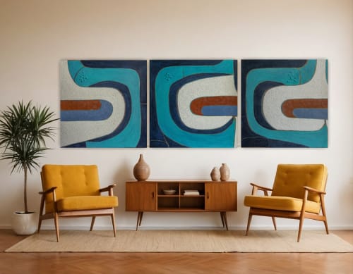 Set of 3 large abstract midcentury modern painting original | Paintings by Serge Bereziak