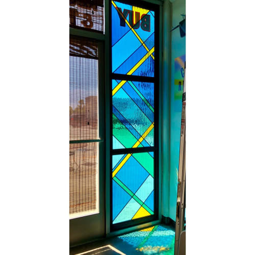 Stained Glass Panels for Jacknife Records | Glasswork in Wall Treatments by Debbie Bean | Jacknife Records & Tapes in Los Angeles