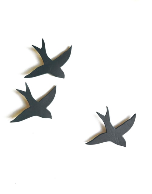 Set of 3 Charcoal Gray Porcelain Swallows | Wall Sculpture in Wall Hangings by Elizabeth Prince Ceramics