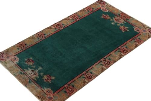 1960s Vintage Distressed Rug in Green Open Field with Red | Rugs by Rug a