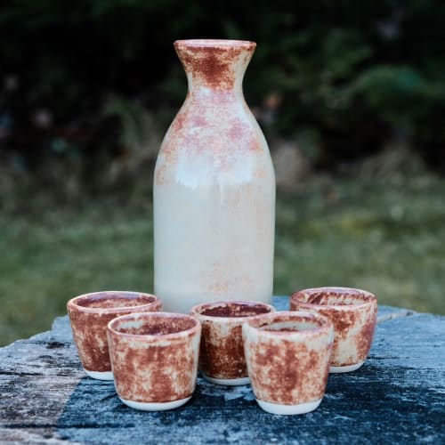 Shino Chai Gloss Set of Sake Bottle and 5 Cups | Drinkware by Hiraeth Ceramics