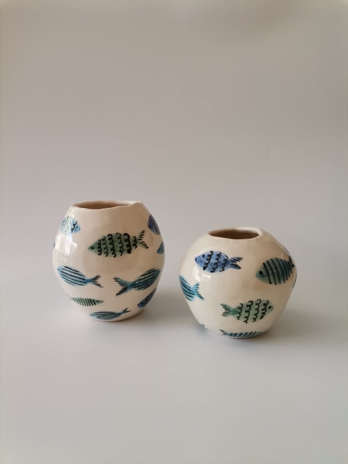 Handmade Ceramic Vase Set with Charming Blue Toned Fishes | Vases & Vessels by HulyaKayalarCeramics