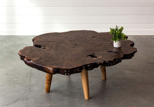 Black Walnut Burl Live Edge Coffee Table | Sleek Rustic | Maple Tapered Legs | | Tables by SAW Live Edge