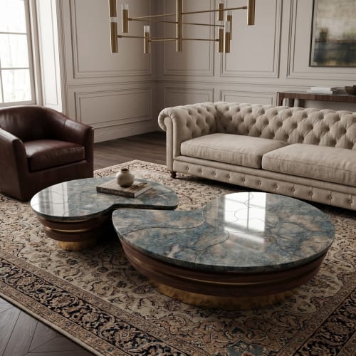 Starry Blue Marble Walnut Spiral Nesting Coffee Table Set | Tables by Dynasty Artisan