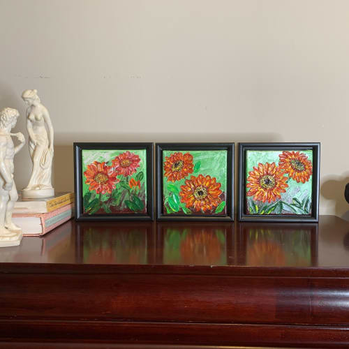 Chrysanthemum Flowers Impasto Paintings Trio | Paintings by Lexaartworld