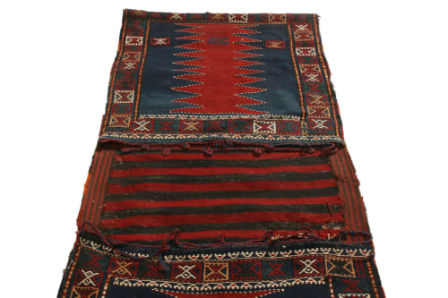 Antique Geometric Red and Blue Wool Kilim Bag Rug | Area Rug in Rugs by Rug and Kilim