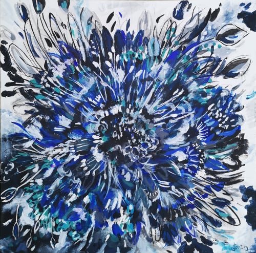 Blue Cornflower Burst Abstract Floral Canvas Painting | Paintings by Judy Century Art