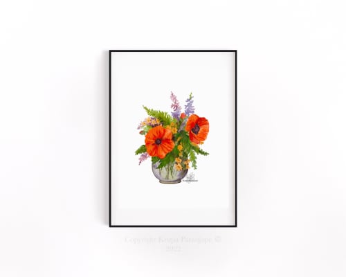 RED POPPIES,LAVENDER AND CROSSANDRA ART PRINT | Paintings by KRUPA PARANJAPE