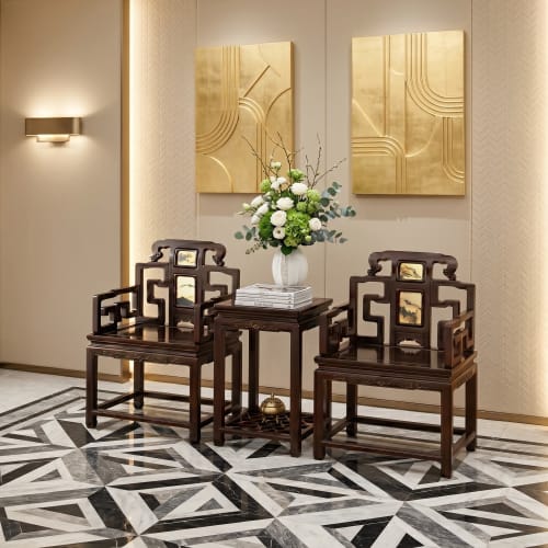 Legacy Shijin Taishi Armchair Trio with Natural Cloud Marble | Chairs by Dynasty Artisan