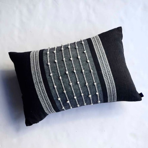 Ebony Black Grey Handwoven Lumbar Pillow | Pillows by ichcha