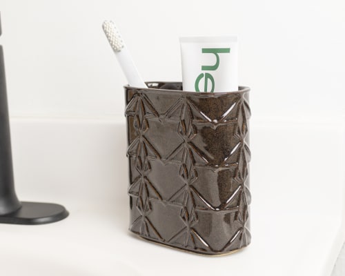 Patterned Tooth Brush Holder with Glossy Rust Brown Glaze | Toiletry in Storage by M.L. Pots