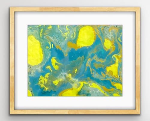 Two Suns I  Japanese Marbling, Ink on Paper I Oak Frame | Paintings by KMOK Art