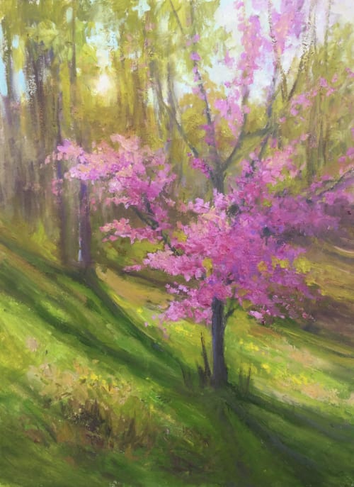 Redbuds in the setting sun | Oil And Acrylic Painting in Paintings by Julia Lesnichy Art