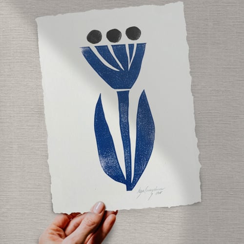 Blue Dahlia, Linocut, Ink on paper | Drawings by Llinella