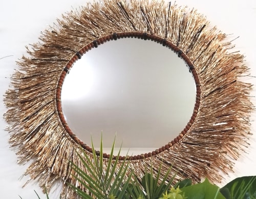 Raffia and Rudraska Stone Mirror, Sun Mirror Boho Mirror | Decorative Objects by Magdyss Boutique