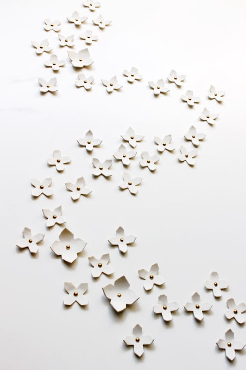 Garland 60 white porcelain gold geometric flowers art | Wall Sculpture in Wall Hangings by Elizabeth Prince Ceramics