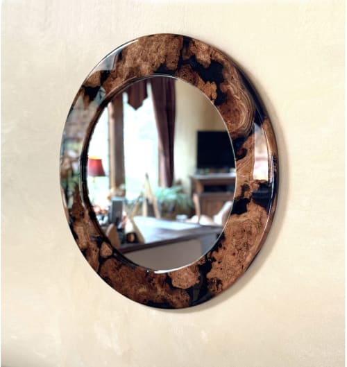 Eye-Catching Round Cherry Burl Wall Mirror - 28.5” | Decorative Objects by Tom Weber - Weber Design Custom Woodwork