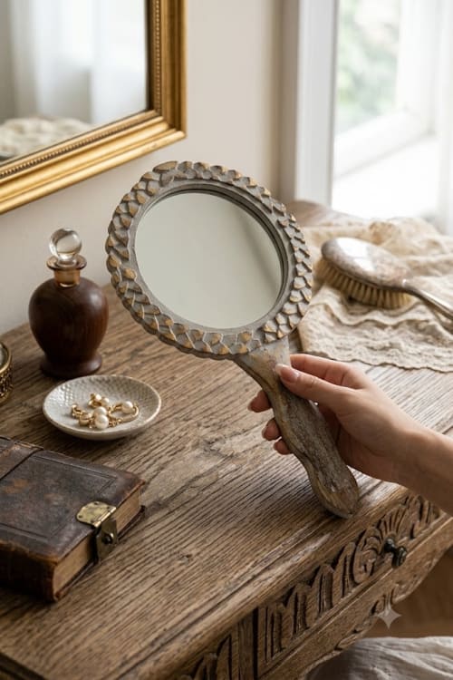 The Vintage Carved Wooden Hand Mirror | Decorative Objects by Famous Art Group Of Industries