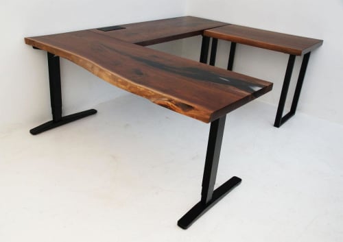 U-Shaped Live Edge Wood Slab & Epoxy Resin Executive Corner | Tables by Chagrin Valley Custom Furniture