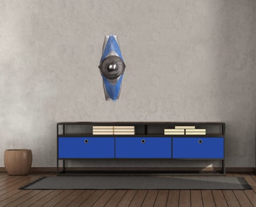 "Wall Sculpture X" Wire Mesh & Clay Blue & Black 13" | Wall Hangings by Anne Lindsay