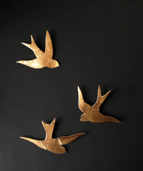 We Fly together set of 3 Gold Swallows Porcelain Wall Art | Sculptures by Elizabeth Prince Ceramics