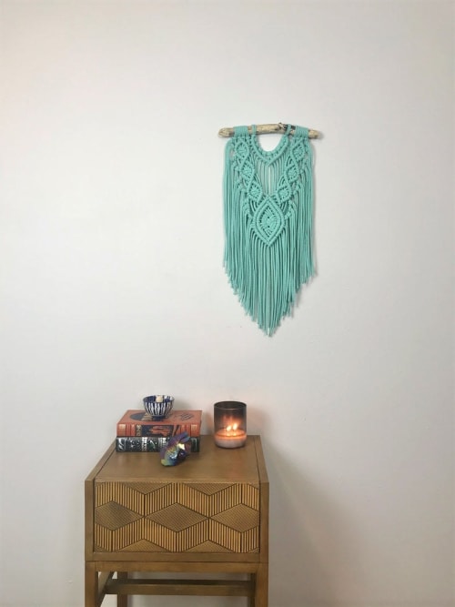 Mint Green Macrame Wall Hanging On Driftwood Light Teal Fiber Art Wall Decor By Cosmic String Fiber Art Seen At Private Residence Saint Charles Wescover