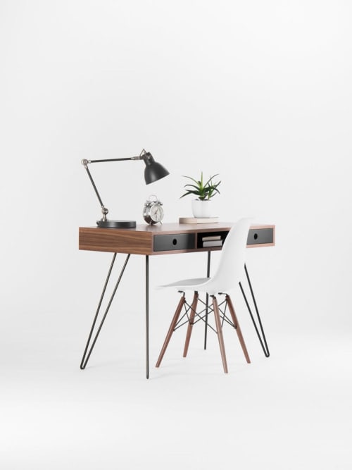 HEIM - Mid century style walnut desk with black drawers | Tables by Mo Woodwork