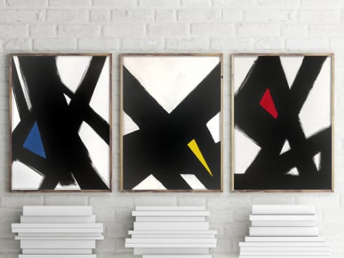 Abstract Black & White Slash Primary Triptych | Paintings by Nicolette Atelier