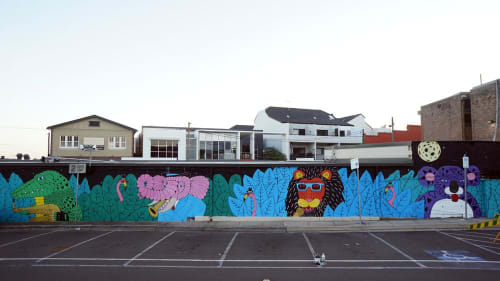 Animals playing musical instruments mural | Street Murals by Mulga | Waterview Street Car Park in Five Dock