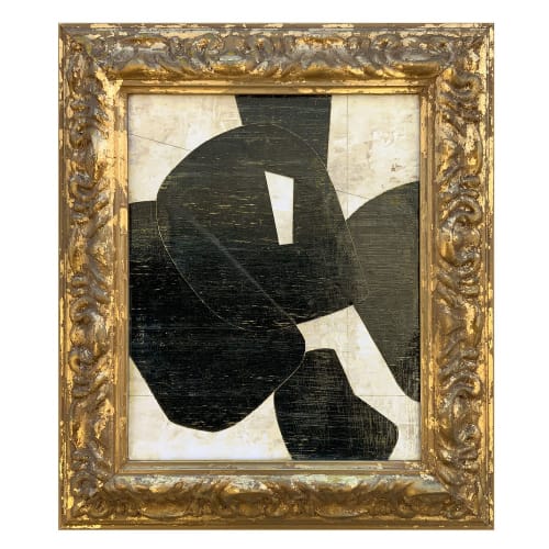 Black and White Abstract Collage in Vintage Frame | Paintings by Suzanne Nicoll Studio