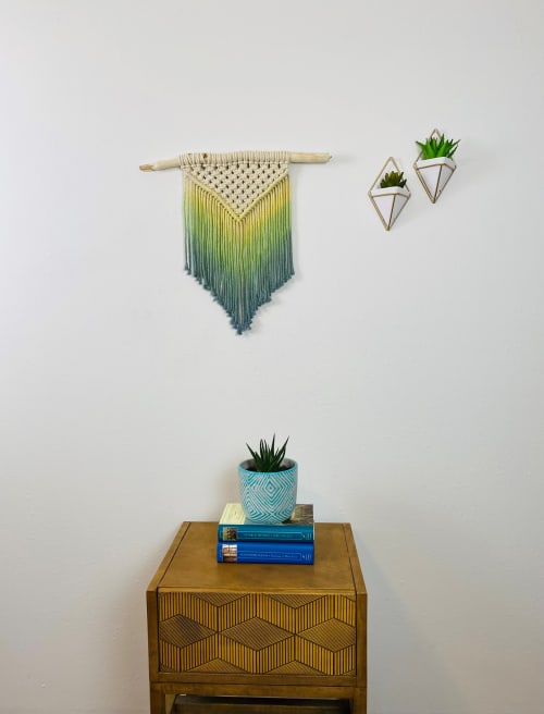 Dip Dyed Macramé on Driftwood - Yellow, Green and Teal Decor | Macrame Wall Hanging by Cosmic String Fiber Art