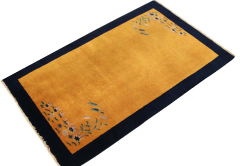Vintage Chinese Deco style rug in Gold, Navy Border, Green | Rugs by Rug and Kilim