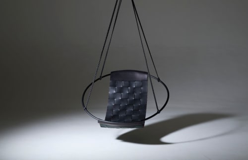 Genuine Leather Woven into a Hanging Swing Chair | Accent Chair in Chairs by Studio Stirling