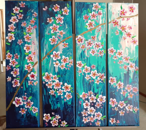 4-Panels Cherry Blossoms Impasto Paintings | Paintings by Lexaartworld