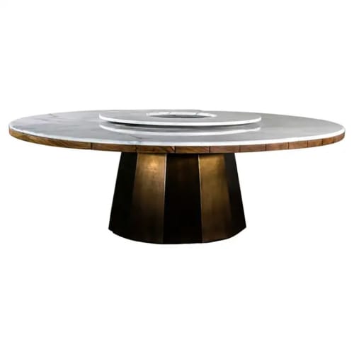 Outdoor Dining Table with Metal Base, Teak & Marble Top | Tables by Costantini Design