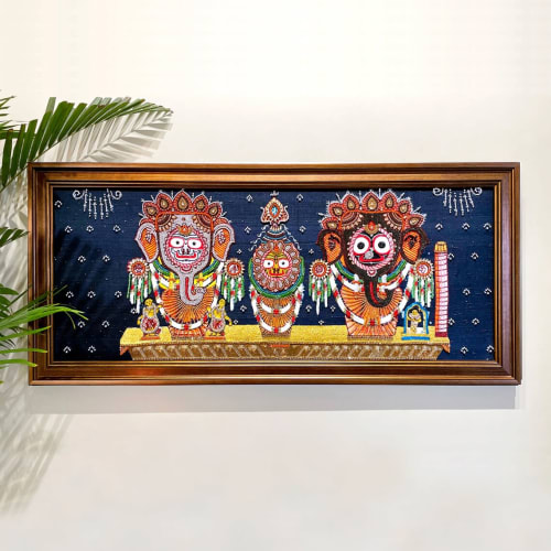 Lord Jagannath Baladev and Subhadra Bejewelled Handmade Artw | Embroidery in Wall Hangings by MagicSimSim