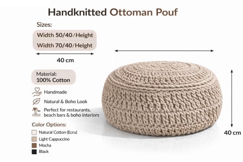 Handmade Chunky Knit Pouf Ottoman–Round Cotton Floor Cushion | Pillows by Dimitar Kostadinov