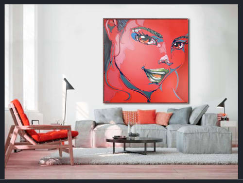 Big red girl face in urban pop art style: Dinamene | Paintings by Monique van Steen