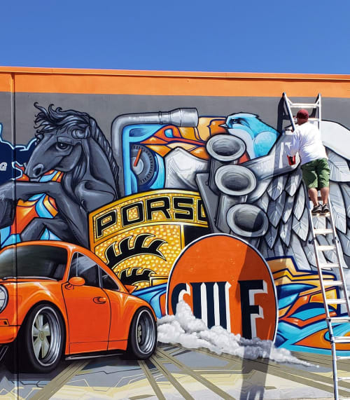 Vibrant Porche and racing themed exterior mural. | Street Murals by John Osgood | European Autotech in San Ramon