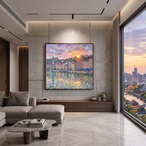 Lyon France Sunset Impasto Oil Painting Fine Art | Oil And Acrylic Painting in Paintings by Dynasty Artisan