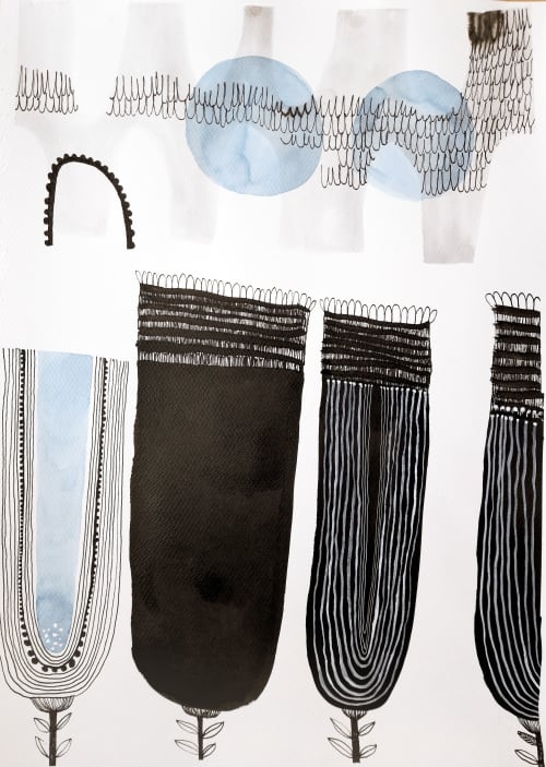 Four flowers by the bridge, original ink watercolour art | Watercolor Painting in Paintings by Valeria Kondor