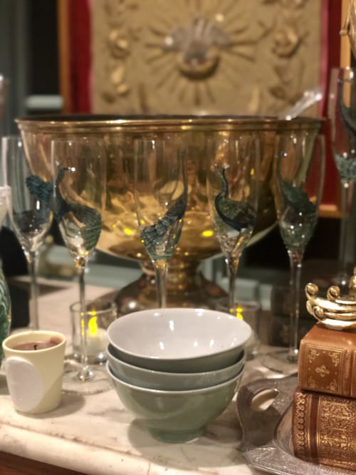 Reverse glass painted champagne glasses | Tableware by Margot Lar Designs | SF Decorator Showcase 2019 in San Francisco