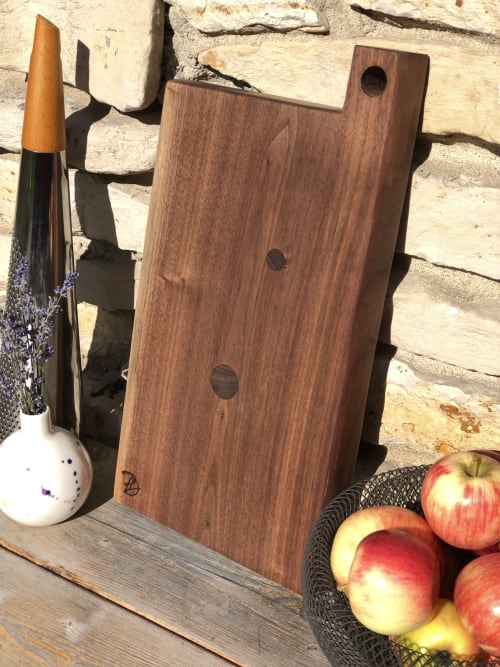 Live Edge Black Walnut Board with circle inlays | Serveware by Patton Drive Woodworking