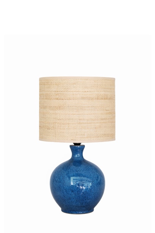 Handmade Ceramic Table Lamp:Deep Ocean Blue raffia shade | Lamps by ENOceramics