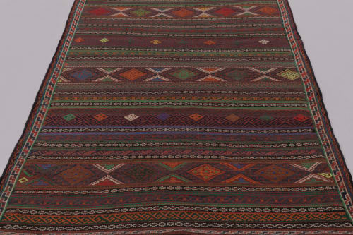 Vintage Persian Soumak Kilim, Burgundy with Vibrant Tribal | Rugs by Rug and Kilim