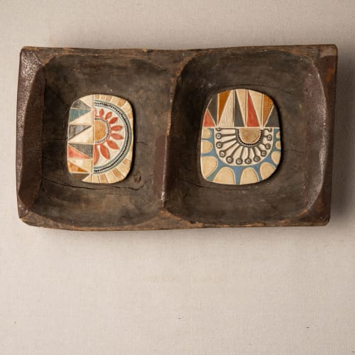 Ceramic Mosaic Art framed in Vintage Dough Bowl | Mixed Media by Clare and Romy Studio