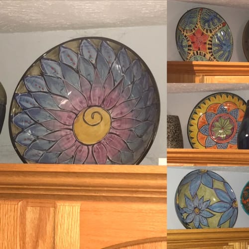 a selection of majolica bowls collected on the years in buyer's home | Art & Wall Decor by Clay Lick Creek Pottery