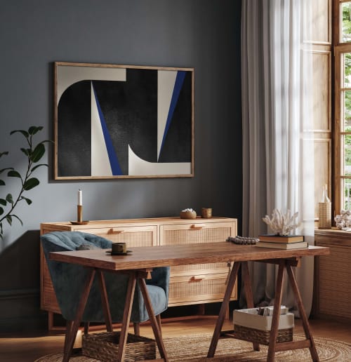 "Blue Graphic No. 1" - Midcentury Modern Painting | Oil And Acrylic Painting in Paintings by ART + ALCHEMY By Nicolette Atelier